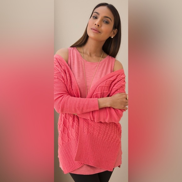 Chicos Cardigan Sweaters Pink Tunic Length Cable Stitch Size Chicos Sz 3/16 NWT - Picture 3 of 6